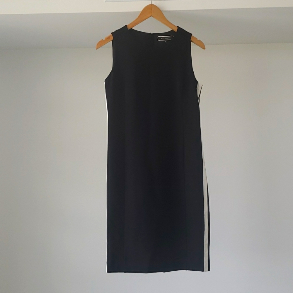 Melanie Lyne black dress with white stripe on sides.